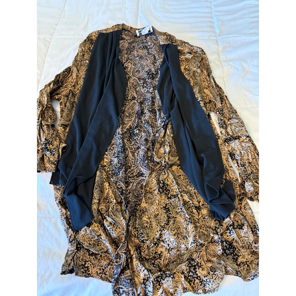 Vintage C.M. Shapes Gold Black Paisley Open Front Cardigan Draped Wrap Plus 3X